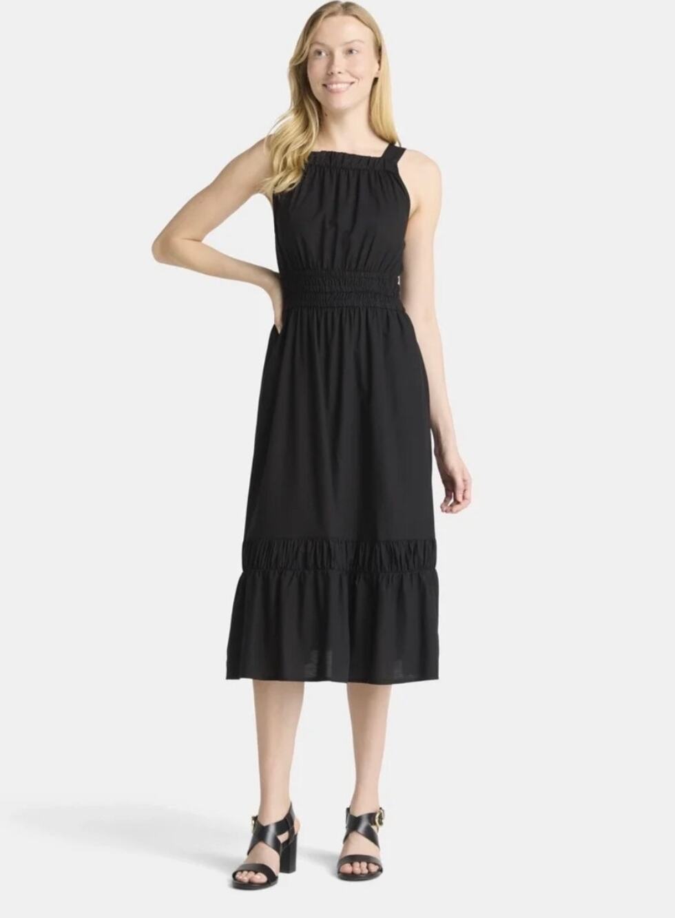 Time and Tru Black Smocked Midi Dress Sleeveless Tiered A Line Pocket Size L